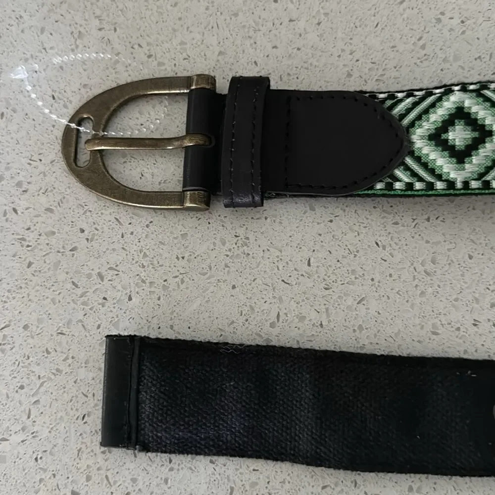 NWOT Free People Moving to Mars Belt Cotton S/M Green Black Leather Cotton Retro